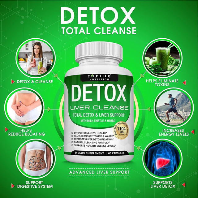 Detox Cleanse Liver Support & Repair Formula - Liver Cleanser Natural 5 Day Detox, Support Digestion System, Flush Toxins & Urinary Tract, Milk Thistle Extract 25+ Herbs, 60 Capsules, Toplux Nutrition