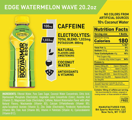 BODYARMOR EDGE Sports Drink with Caffeine, Watermelon Wave, Potassium-Packed Electrolytes, Caffeine Boost, Natural Flavors with Vitamins, Perfect for Athletes 20.2 Fl Oz (Pack of 12)