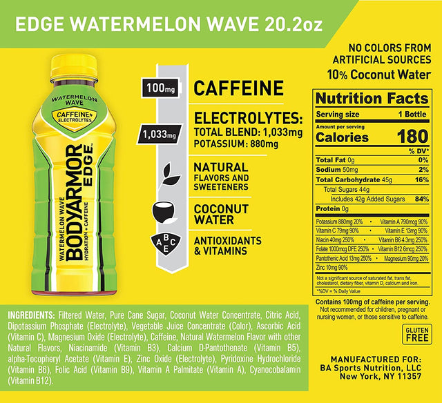 BODYARMOR EDGE Sports Drink with Caffeine, Watermelon Wave, Potassium-Packed Electrolytes, Caffeine Boost, Natural Flavors with Vitamins, Perfect for Athletes 20.2 Fl Oz (Pack of 12)