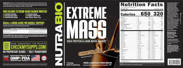 Nutrabio Extreme Mass - 53G Protein - Advanced Anabolic Muscle Mass Gainer Protein - High Calorie - Full Spectrum Amino Acid - Chocolate, 6 Pound