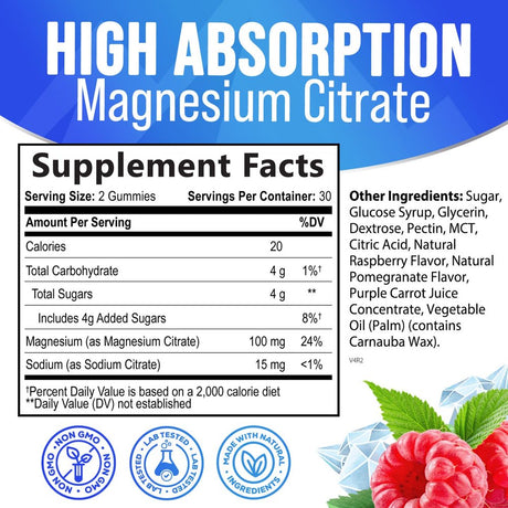 Magnesium Gummy - High Absorption Magnesium Citrate Supplement for Relax Support for Adults & Kids - Calm Magnesium Gummies Dietary Supplements - Bone Support & Heart Support - 60 Raspberry Gummies