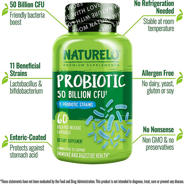 NATURELO Probiotic Supplement - 50 Billion CFU - 11 Strains - One Daily - Helps Support Digestive & Immune Health - Delayed Release - No Refrigeration Needed - 60 Vegan Capsules