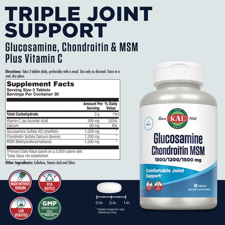 KAL Glucosamine Chondroitin MSM | Healthy Joint & Connective Tissue Support | Includes Antioxidant Vitamin C | Rapid Disintegration | 90 Tablets