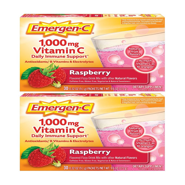 Emergen-C Vitamin C Fizzy Drink Mix Raspberry 1000 Mg 30 Packets Pack of 2