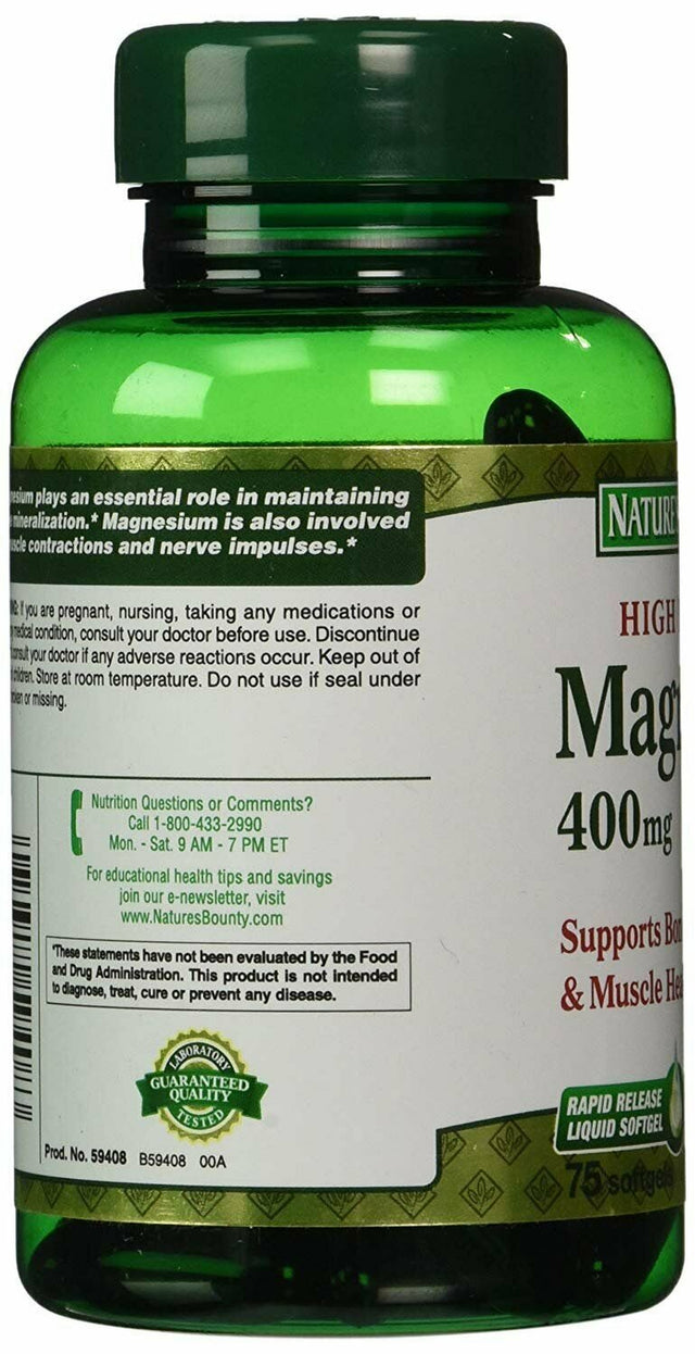 Nature'S Bounty Magnesium Supplements, 400 Mg Gels, Unflavored, 75 Count