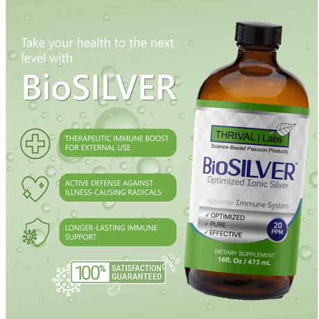 Biosilver Optimized 20 PPM Bio-Active Ionic Silver Liquid Solution in 16 Oz. Dark Glass Bottle by Thrival Labs | Nano Ions and Particles for Superior Immune Support (96 Servings) - Economy S