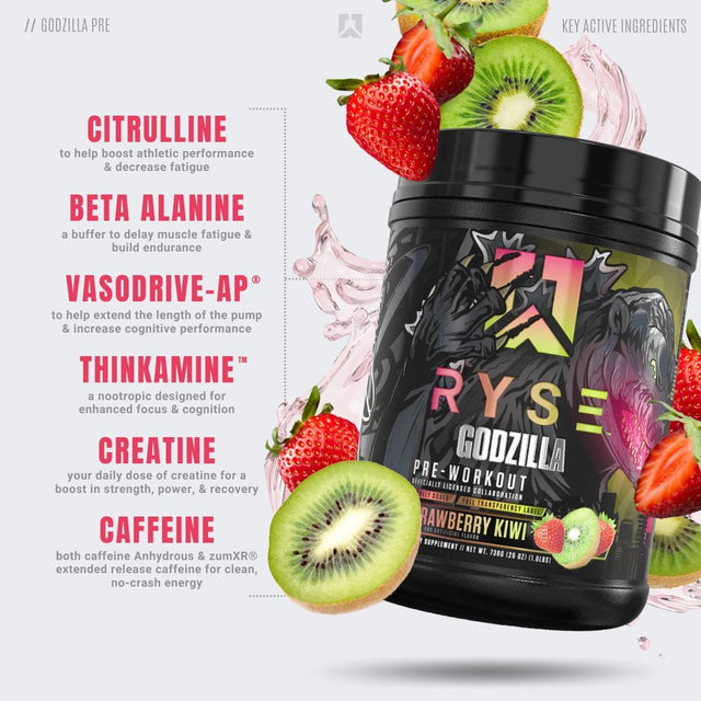 Ryse Noel Deyzel X Godzilla Pre Workout | Intense Pumps, Energy, & Focus | Citrulline & Beta Alanine | 400Mg Total Caffeine | 40 Servings (Strawberry Kiwi)