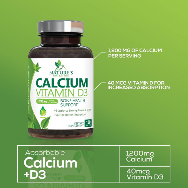 Calcium 1200 Mg plus Vitamin D3, Bone Health & Immune Support - Nature'S Calcium Supplement with Extra Strength Vitamin D for Extra Strength Carbonate Absorption Dietary Supplement - 120 Tablets