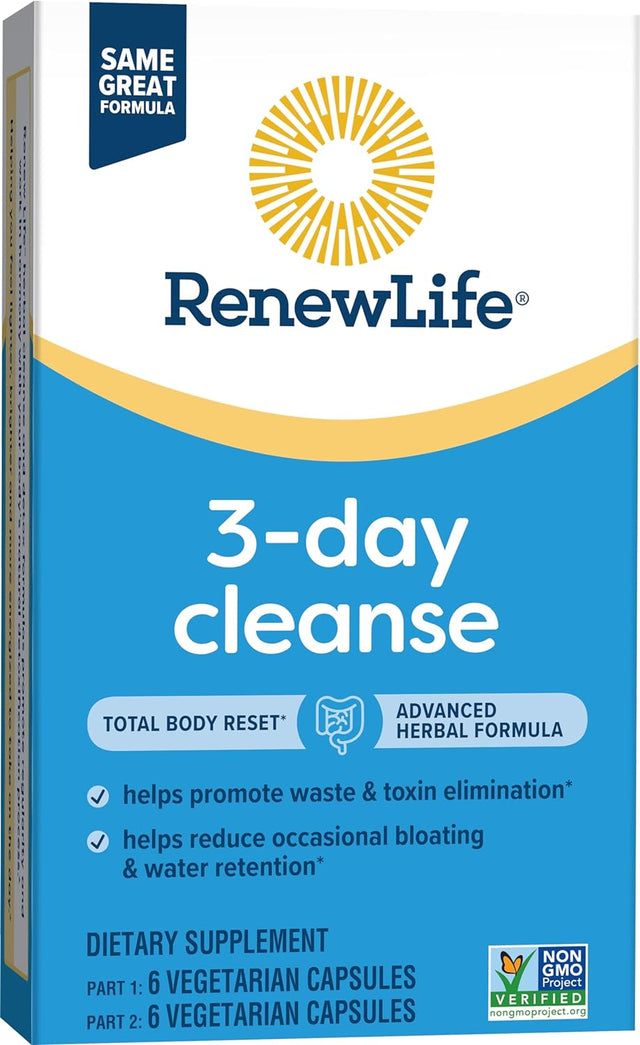 Renew Life 3-Day Cleanse Total Body Reset 2-Part Detox Cleanse Capsules, Digestive Wellness and Regularity, Herbal Blend with Magnesium and Cranberry, Soy, Dairy and Gluten-Free 12 Count