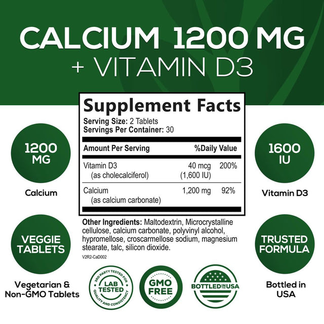 Nature'S Calcium 1200 Mg with Vitamin D3, Bone Health & Immune Support for Women & Men, Calcium Supplement Made with Extra Strength Vitamin D for Carbonate Absorption Dietary Supplement - 60 Tablets