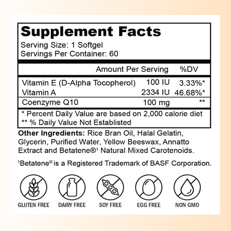 Zaytun Vitamins Halal Coq10 100Mg, Supports Healthy Blood Pressure Levels, Includes Vitamin a + E, 60 Softgels, Made in USA