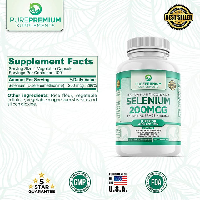 Selenium by Purepremium Supplements - Maximum Strength - Non-Gmo - 200Mcg, 100 Capsules