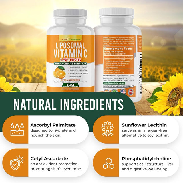 POTENT NATURALS Liposomal Vitamin C 1500Mg, Vitamin C Supplement - High Absorption Ascorbic Acid - Immune-Support Supplement & Helps Collagen Production- 180 Capsules 1500 MG