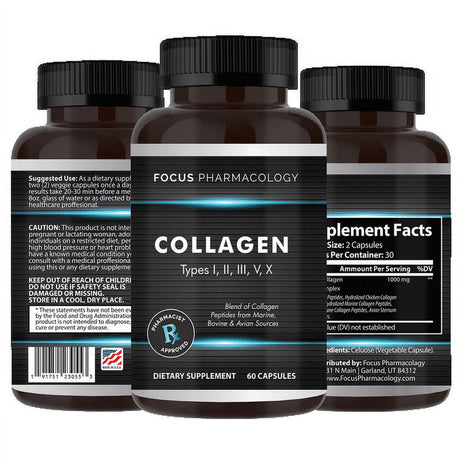 Collagen Support Amazing Grass Pills (Type I, II, III, V, X) Avian Sternum Hydrolyzed Collagen Skin Peptides Collagen Support with Hyaluronic Acid + Vitamin C + Protein Complex (60 Capsules)