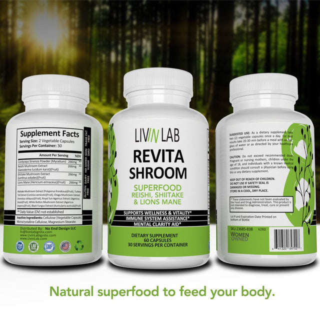 Livin Lab Revita Shroom | Superfood Promoting Health and Wellbeing | Increase Endurance | Improves Brain Memory and Concentration | 60 Veggies Caps | US Made