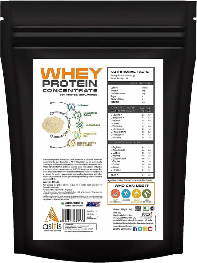 As-It-Is Nutrition Whey Protein Concentrate 80% Unflavoured, Labdoor Certified No Preservatives Gluten-Free Non-Gmo Unflavoured and Unsweetened (500Gm/17.6 Oz)