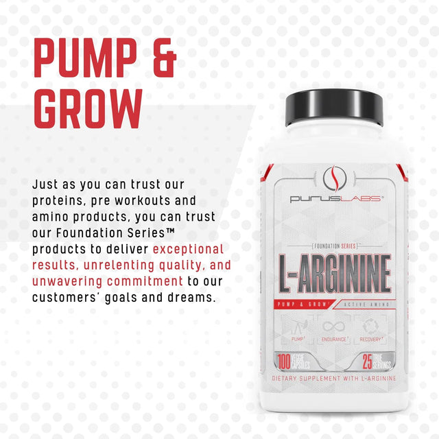 Purus Labs L-Arginine Active Amino Acid | Endurance, Pumps, & Muscle Growth | Nitric Oxide for Increased Blood Flow | 25 Servings, 100 Veggie Capsules