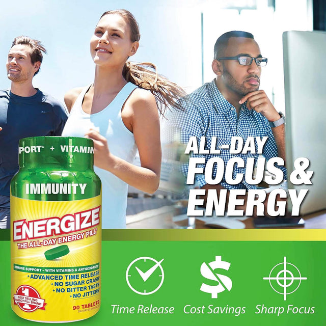 Energize Immunity Caffeine Pills, Energy & Immune Support, Fast Acting, Long-Lasting with Time Release Caffeine, Nootropics, Vitamins, Super Greens & Bcaas, No Jitters, No Crash (90 Tablets)