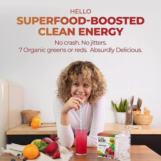 Pureboost Clean Energy and Superfoods Bundle. 60 Stick Packs Boosted with B12, Vitamin C and More. Fruity Combo Pack + Green Mojo Includes 7 Organic Supergreens.