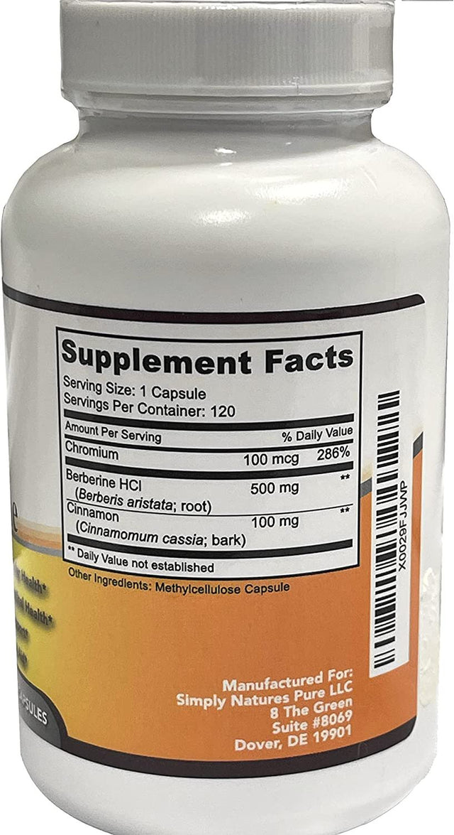 Simply Natures Pure Premium Berberine Hcl 500Mg - 120 Capsules - Cardiovascular Gastrointestinal Immune Support - Chromium Cinnamon 120 Count (Pack of 1)