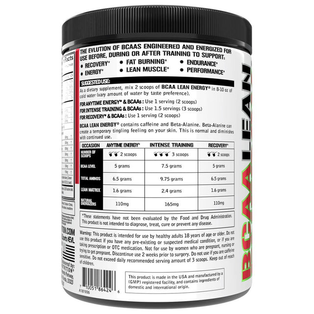 BCAA Lean Energy - Evlution Nutrition BCAA Powder 30 Servings Cherry Limeade Flavor - EVL Natural BCAA Amino Acid Pre Workout Fat Burner Supplement - Performance & Muscle Recovery