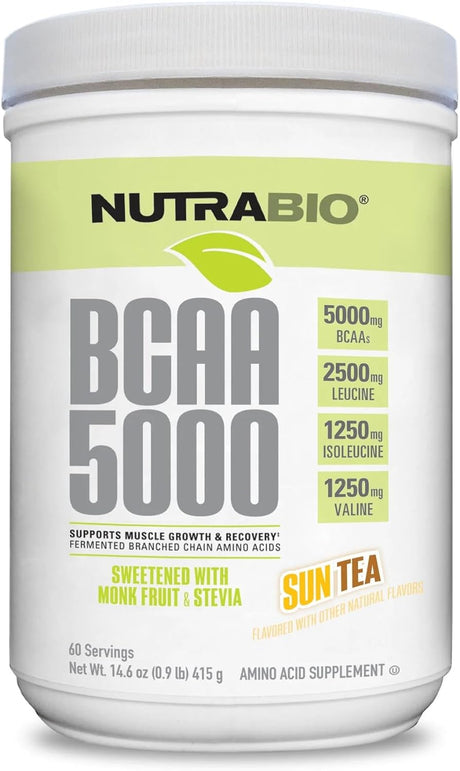 Nutrabio BCAA 5000 Powder - Fermented Branched Chain Amino Acids for Muscle Growth & Recovery - Natural Flavors, Sweeteners, and Coloring, Vegan, Gluten Free - Sun Tea, 60 Servings