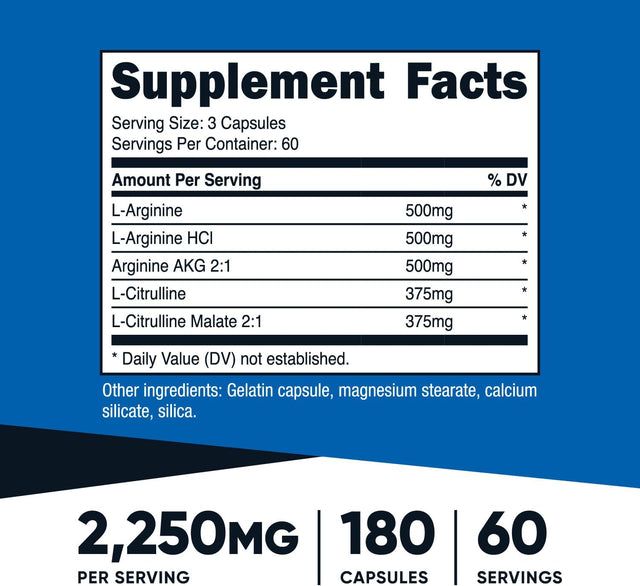 Nutricost Nitric Oxide Booster 750Mg, 180 Capsules - 2250Mg per Serving - Gluten Free and Non-Gmo