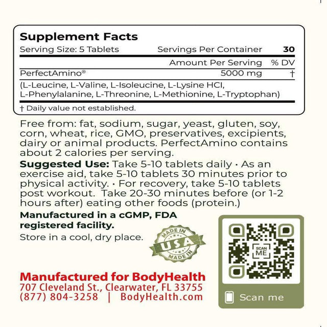 Bodyhealth Perfectamino Tablets (150Ct), All 8 Essential Amino Acids with Bcaas