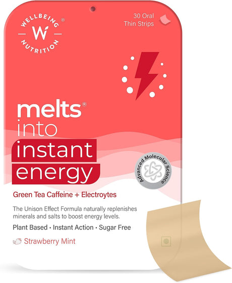 Wellbeing Nutrition Melts Instant Energy, 100% Plant Based Green Tea Caffeine, Essential Electrolytes and Vitamins for Endurance, Sports Hydration, Pre Workout Energy Boost - 30 Oral Strips