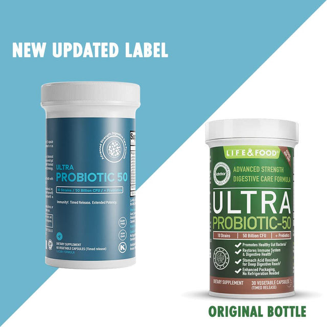 Life & Food Ultra Probiotic 50 Billion CFU W/ Sunfiber Prebiotics - Once Daily Time Release Caps, Shelf Life Protection (60Ct)