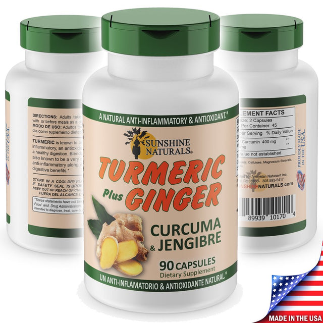 Sunshine Naturals Turmeric Curcumin plus Ginger, anti Inflammatory Pills Dietary Supplements - 90 Capsules