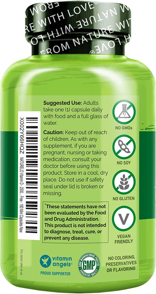 NATURELO Vitamin D3 - 2500 IU - Plant Based from Lichen - Natural Vegan D3 Supplement for Immune System, Bone Support, Joint Health - Non-Gmo - Gluten Free - 180 Mini Capsules