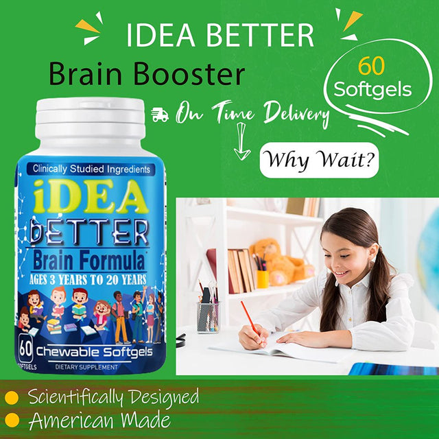 Idea Better Brain Focus Booster for Kids, Chewable Kids Vitamin, Multivitamin for Kids, Memory, Supports Focus, Clarity, Concentration, 60 Chewable Softgels by Celebrity Lifestyle