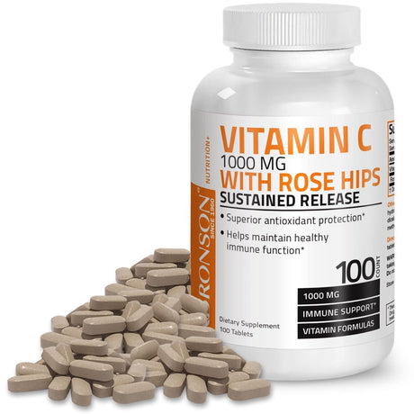 Bronson Vitamin C 1000 Mg with Rose Hips Sustained Release, 100 Tablets