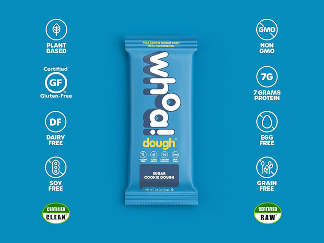 WHOA DOUGH Plant Based Protein Bar, Gluten Free, Dairy Free, Non GMO, Healthy Snacks for Kids and Adults, 8G Protein, 10 Bars (Sugar Cookie)