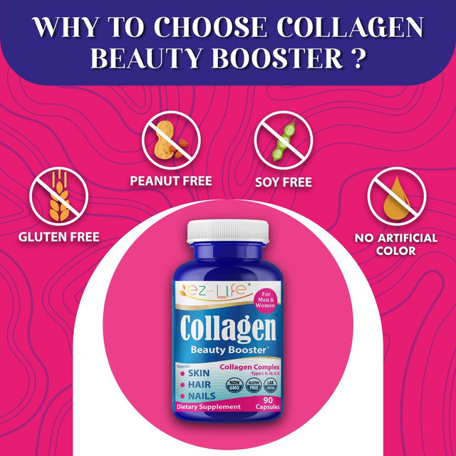 Multicollagen Beauty Booster Hair Skin and Nails Vitamins for Men & Women, Collagen with Biotin, Support Hair Growth, Strong & Healthy Nail Growth, 90 Caps