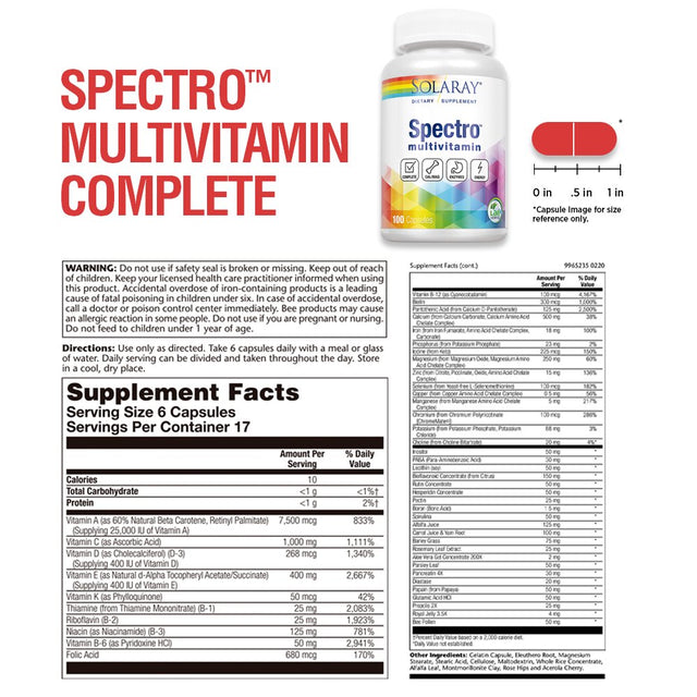 Solaray Spectro Multivitamin with Iron | Cal/Mag, Energizing Greens & Herbs with Digestive Enzymes | 100 Caps | 17 Serv.