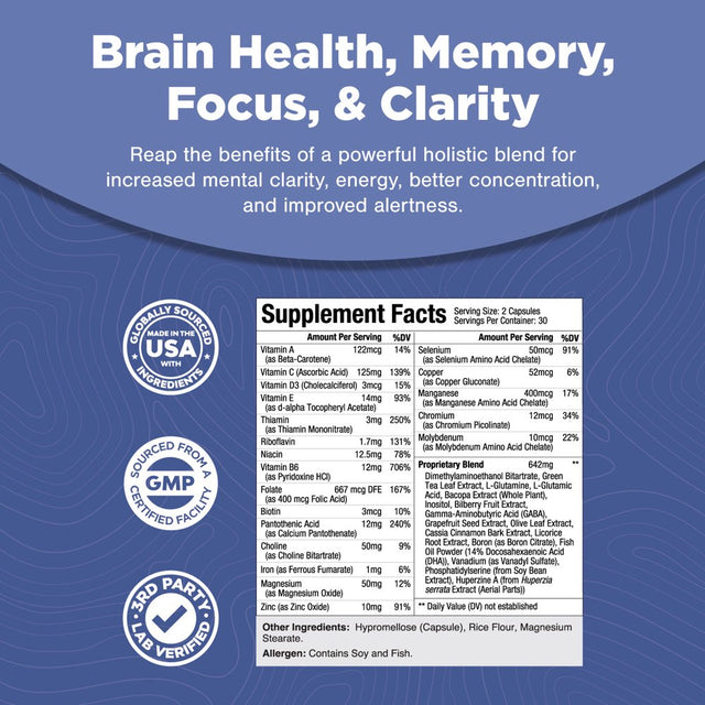 Advanced Nootropics Brain Support Supplement - Synergetic Mental Energy and Focus Supplement with Brain Vitamins for Cognitive Enhancement - Mind and Memory Supplement for Brain Health (30 Servings)