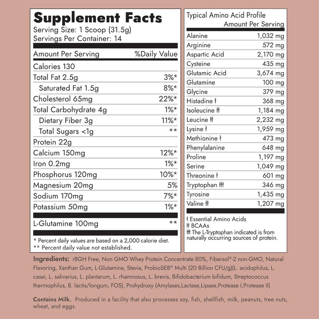 Whey Protein Vanilla by Dr. Nancy MD (14 Servings, 31.5G) 22G Whey Protein, Bcaa’S, with Added L-Glutamine & Probiotics