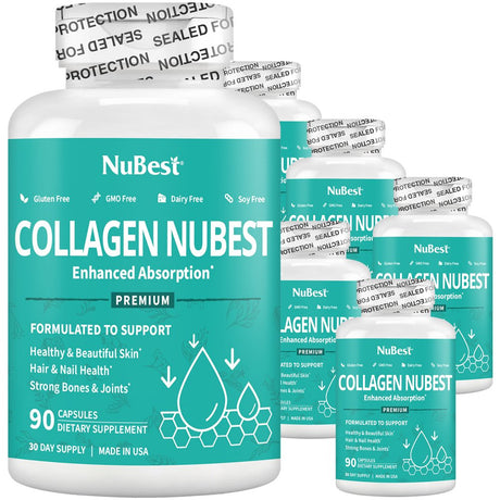 Collagen Nubest, Skin Beauty Supplement, Nourish Skin, Hair and Nails with Hydrolysate Collagen, 90 Capsules (Pack of 6)