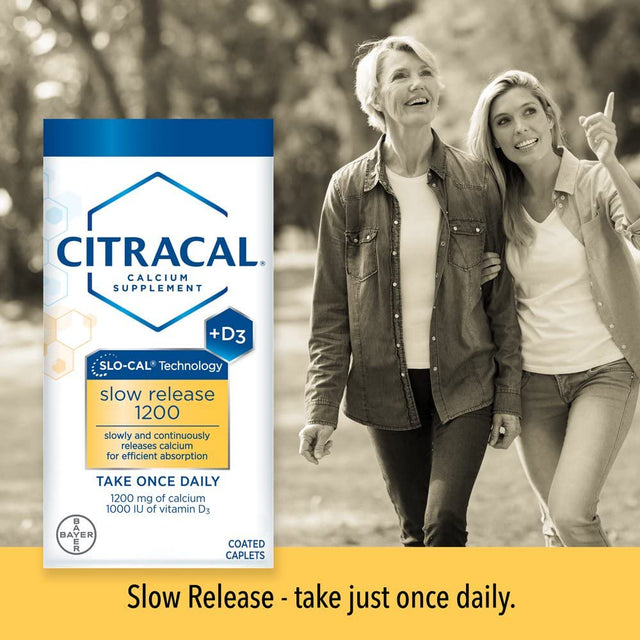 Citracal Slow Release 1200, 1200 Mg Calcium Citrate and Calcium Carbonate Blend with 1000 IU Vitamin D3, Bone Health Supplement for Adults, Once Daily Caplets, 80 Count