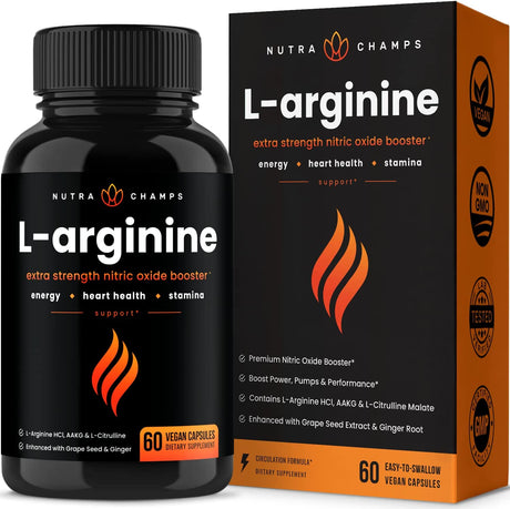 Premium L Arginine Supplement | 5-In-1 Nitric Oxide Supplement | L-Arginine Powder & L Citrulline Enhanced with Grape Seed & Ginger | Energy, Blood Flow, Heart Health & Stamina | 60 Vegan Capsules