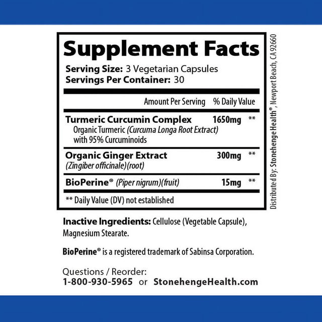 Stonehenge Health Dynamic Turmeric Curcumin Ginger Highest Potency Available. 1,650 Mg Turmeric with 95% Curcuminoids & Bioperine®. Supports Joint Health, 90 Vegetarian Capsules (1 Pack)