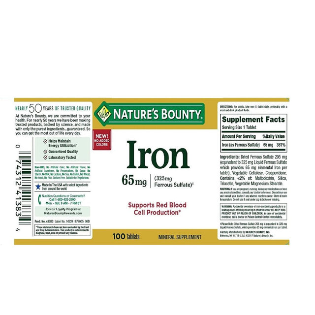 Nature’S Bounty Iron Red Blood Cell Production 65Mg Mineral Supplement, 100 Tablets