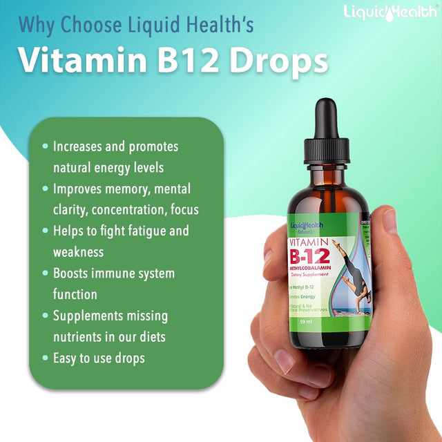 Liquid Health 2 Pack Vitamin B12 Liquid Pure Methyl Drops, Methylcobalamin Energy Boost Natural Vegan Safe Sublingual Hydroxocobalamin -2 Fl Oz