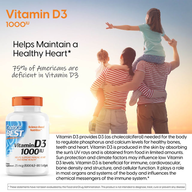 Doctor'S Best Vitamin D3 1000IU, Non-Gmo, Gluten Free, Soy Free, Regulates Immune Function, Supports Healthy Bones, 180 Softgels