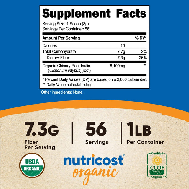 Nutricost Organic Inulin Powder 1LB (454 Grams) 7 Grams of Fiber per Serving - from Chicory Root - Certified USDA Organic