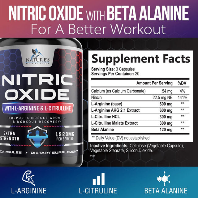 Extra Strength Nitric Oxide Supplement L Arginine 3X Strength Highest Potency - 60 Capsules (Pack of 10)