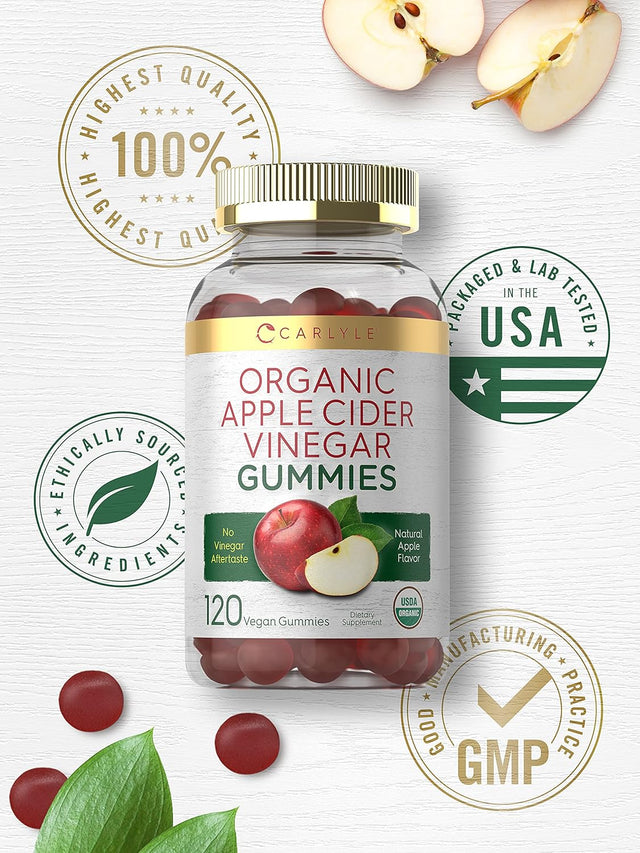 Carlyle Organic Apple Cider Vinegar Gummies | 120 Count | USDA Certified Organic | Vegan, Non-Gmo & Gluten-Free ACV Gummies | Natural Apple Flavor