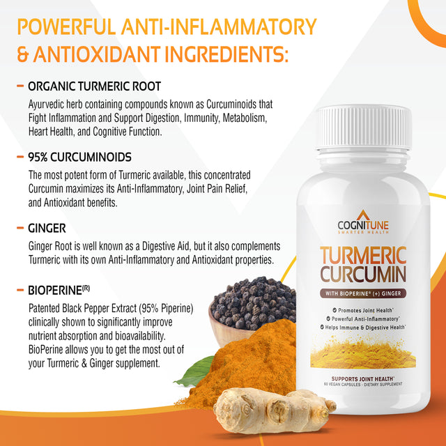 Cognitune Organic Turmeric Curcumin (95% Curcuminoids), Ginger & Bioperine, Potent Antioxidant, Joint Health Support, Dietary Supplements - 1425Mg